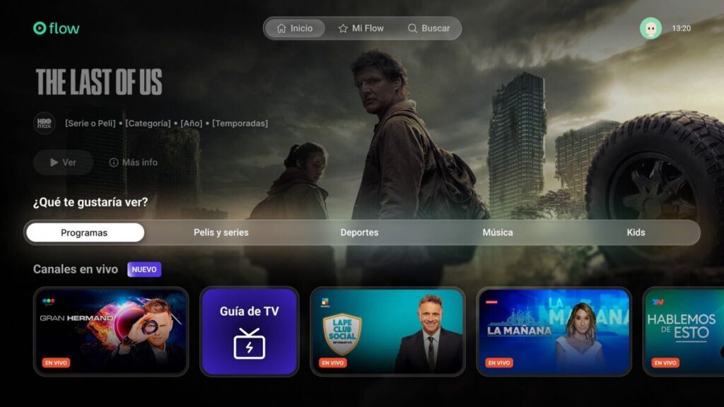 Flow home page showing the content category selector with Programas highlighted, alongside Pelis y series, Deportes, Música and Kids.