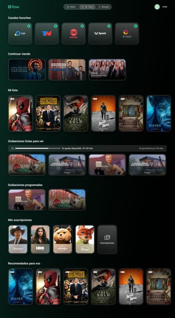 The Mi Flow page in Flow, showing favourite channels, continue watching, my list, recordings, subscriptions and recommended content.