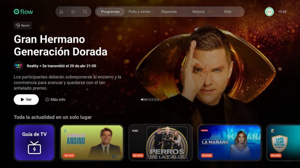 The Programas section in Flow, showing a reality programme with catch-up available and a row of live current-affairs programmes.